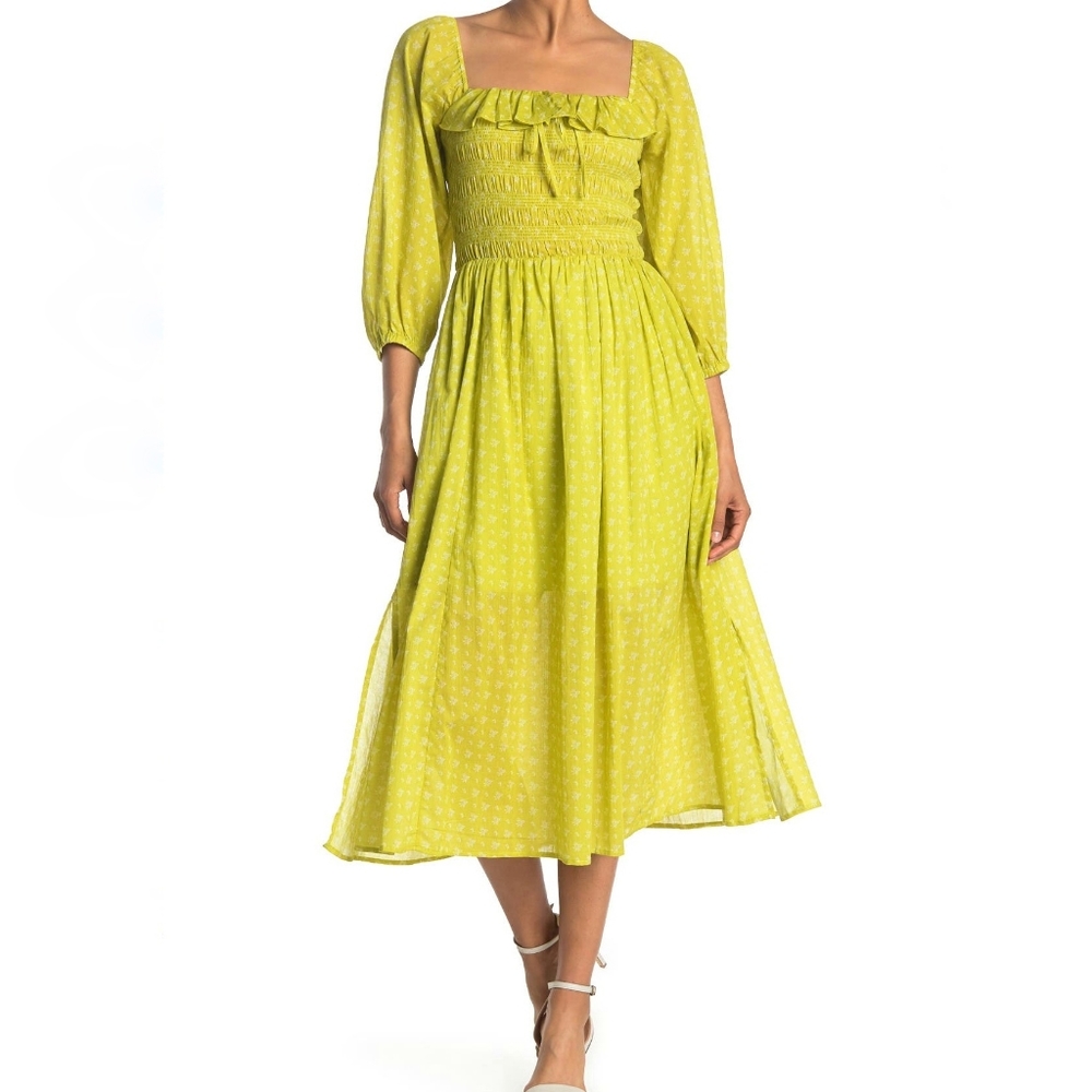 MELLODAYFloral Smocked Ruffle Midi Dress In Open Green